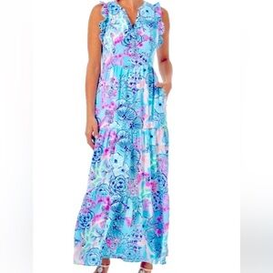NWT Lilly Pulitzer Sz 14 Destini Maxi Dress Bali Blue Once Upon a Tide